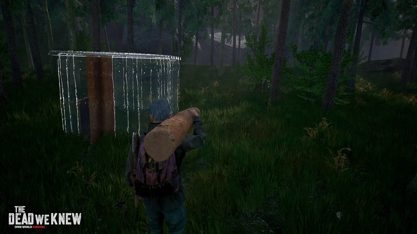 A simple post-apocalyptic shelter beside a foggy forest